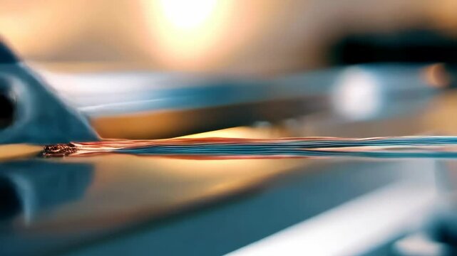 Precision cutting of thin layers with a sharp, angled blade on a reflective surface, close-up view showcasing the meticulous process