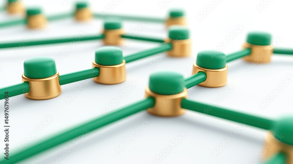 Poster a close-up of green and gold interconnected nodes illustrating a network or connectivity concept.