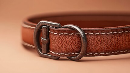 Close-up on a stylish brown leather dog collar with a metal buckle and white stitch.