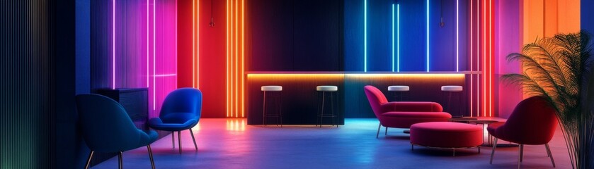 Neon Lounge Vibrant Color Palette, Modern Furniture, 3D Render, Interior Design, Bar Setting Neon Lights, Lounge Design