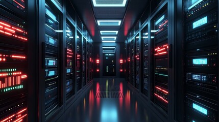 Neon Server Room 3D Render, Cyberpunk Corridor, Data Center, Cybersecurity Data Center, Server Room