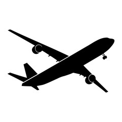 Minimalist airplane icon in black vector style on transparent background