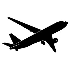 Minimalist airplane icon in black vector style on transparent background