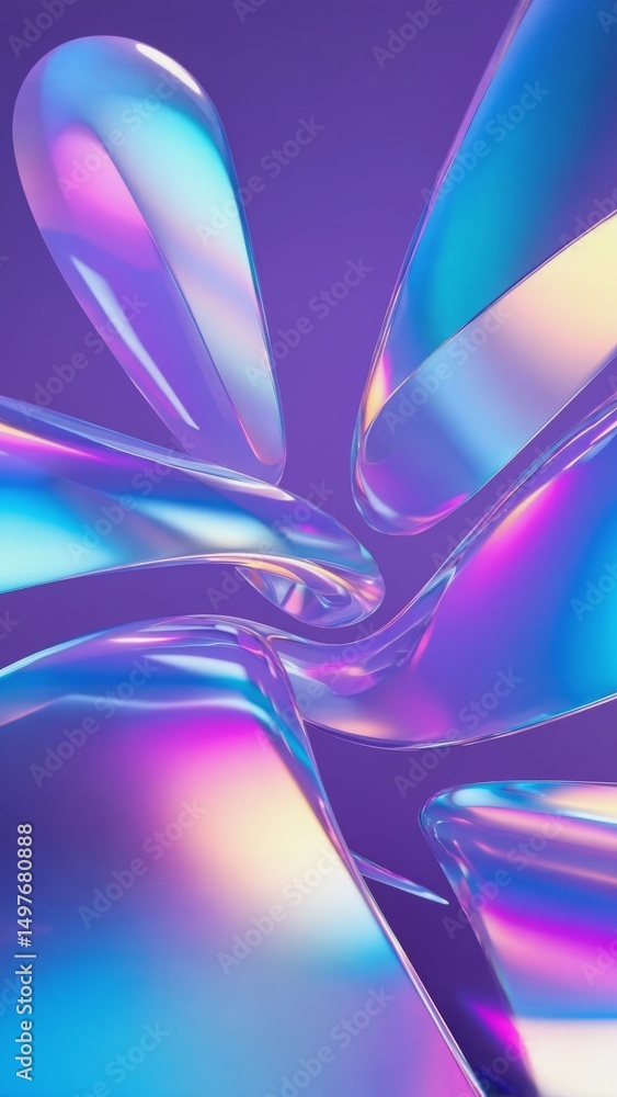 Poster abstract colorful waves of glossy material creating dynamic shapes and reflections on a violet backg