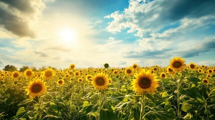 Obraz premium A vast field of sunflowers under a bright sun and cloudy blue sky.