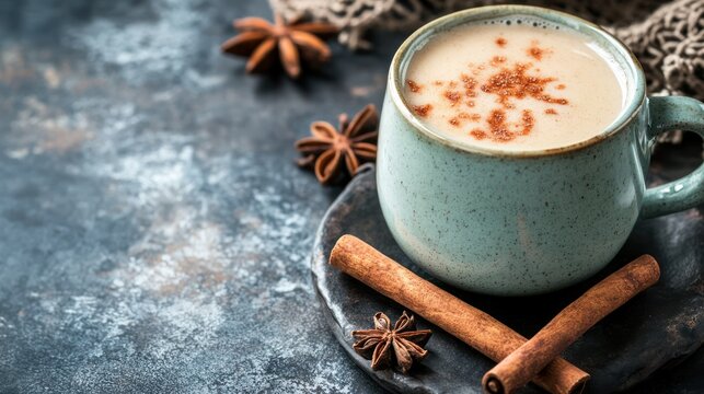 A mug of spiced chai tea with cinnamon and star anise for a cozy feeling. - Powered by Adobe