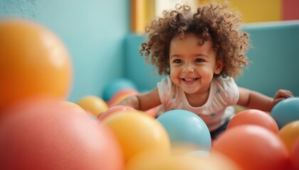 Happy little girl plays in colorful ball pit. Child jumps, laughs, smiles, has fun. Kids indoor playground, childhood joy, amusement, fun time, kindergarten, preschool, day care center.