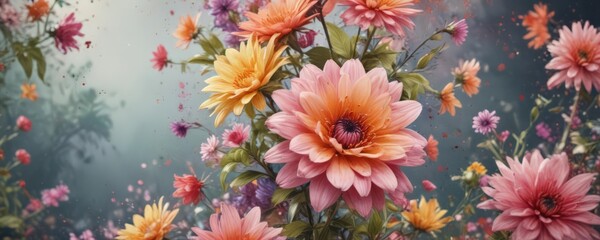 Intense watercolor flower explosion, lush petals, painterly style , graphic, summer, botanical