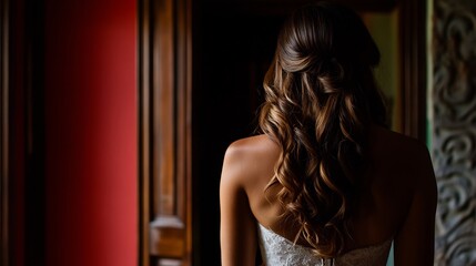 Fototapeta premium Elegant Bride's Back: A Moment of Serenity Before the Wedding