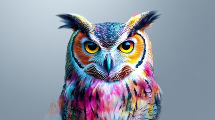 Obraz premium Rainbow Owl AI Art, Colorful Bird Portrait, Vibrant Feathers, Digital Painting, Owl Art Owl, AI art