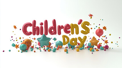 3D rendering of "Children's Day" in colorful playful letters with bold lines, surrounded by stars and confetti on a white background, expressing festive joy and celebration.