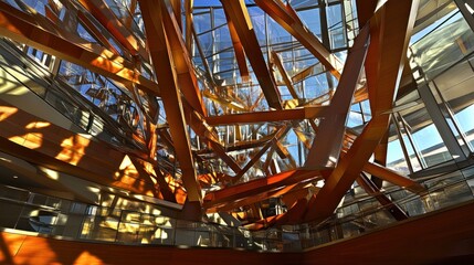 Fototapeta premium Modern building interior with complex wooden structure and glass walls.