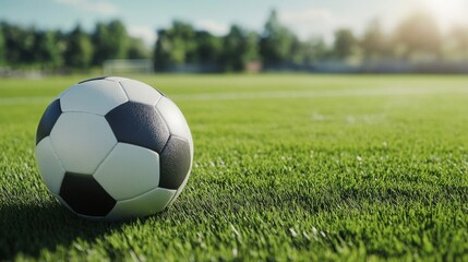 Fototapeta premium Soccer Ball on Green Field Close-up Composition, Lush Grass, Sunny Day, Sports Photography, Soccer, Football Soccer, Sports photography