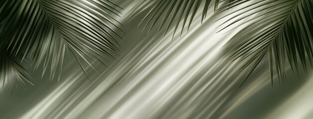 Fototapeta premium Soft shadow of palm leaf overlays a light green surface, evoking a tranquil summer feel perfect for creative design projects