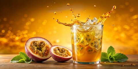 Refreshing Passion Fruit Ice Drink Splashing into Glass with Mint Garnish on Wooden Table