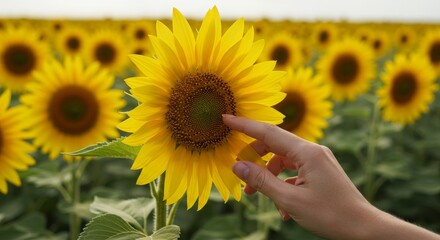 Fototapeta premium Hand touches sunflower in floral field