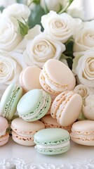 Delicate macarons in pastel colors displayed next to fresh roses on a marble surface with gentle lighting creating a serene atmosphere