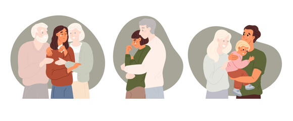 Souls deceased family support relatives left orphaned by death. People experience grief and loss. Hugging ghost. Dead parent memory. Child and father embrace mother spirit. Vector concept