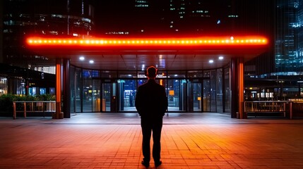 Solitary Figure at Night, Illuminated Entrance