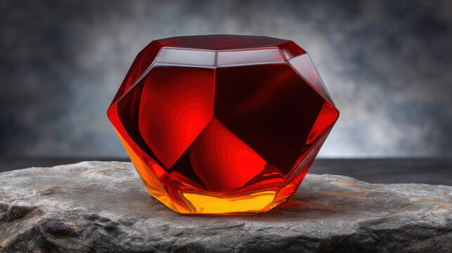 A faceted red gemstone rests on a textured gray stone surface against a softly blurred background, highlighting its vibrant color and geometric shape with reflections.