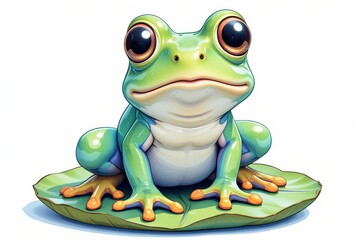 Obraz premium A vibrant green frog with large black eyes sits on a green lily pad, showcasing its white belly and orange feet. isolated on White Background