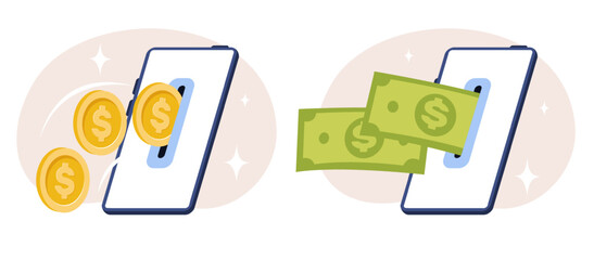 Online payment. Gold coins and cash bills fly into smartphone screen slot. Money transfer. Financial transaction. Mobile technology. Finance profit. Dollar banknotes. Vector concept