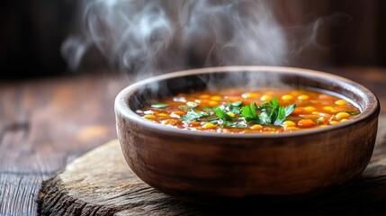 Steaming bowl of hearty soup with vegetables and fresh parsley garnish.