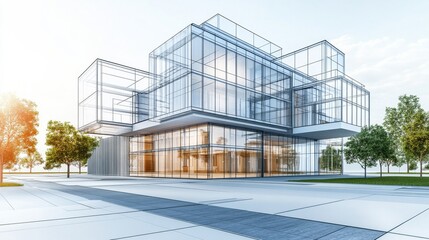 Fototapeta premium Wireframe Modern Glass Building Architectural Design, Conceptual Rendering, 3D Model, Architecture Visualization Architectural visualization, 3D rendering