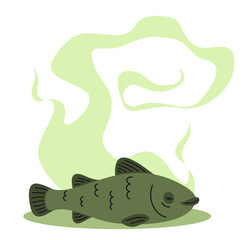 Green stinky toxic bad smell of dead not fresh fish. Spoiled food. Organic garbage. Unpleasant odor. Water pollution. Rotten animal. Moldy seafood product. Smelly trash. Vector concept