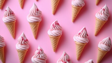 Pink ice cream cones on a pink background