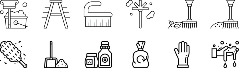Cleaning kit equipment icon set. Outline cleaning inventory, clean tools wash, bucket, and mop, spray bottle with detergent cleaner line clipart symbol collection