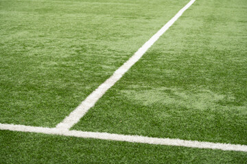Bright green soccer field features freshly painted white lines marking the boundaries. The surface...
