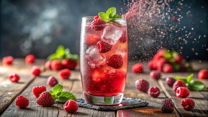 Refreshing Raspberry Iced Drink with Mint and Ice Cubes on Rustic Wooden Table