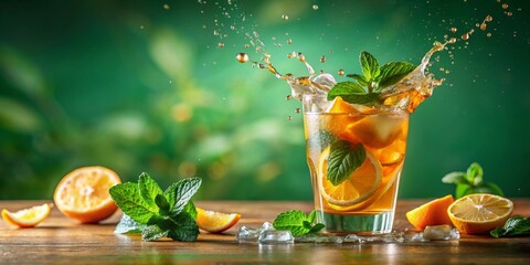 Refreshing Iced Tea with Citrus and Mint Splashing into a Glass