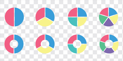 Circle division infographic icon set. Pie chart divided. Color pizza or donut round diagram. Infographic wheel segment and fraction. Vector illustration isolated on white background