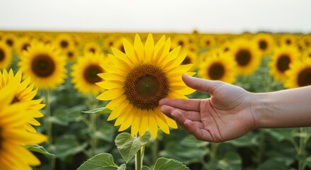 Fototapeta premium Sunflower touched in golden field