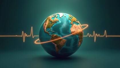 World health day concept. Globe surrounded heartbeat line global healthcare wellness. Healthcare professionals, doctors, patients, medical workers worldwide collaborate fight disease. Earth planet