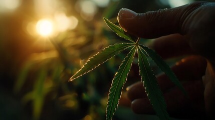 Golden Hour Cannabis: A Hand Gently Holds a Dew-Kissed Marijuana Leaf, Backlit by the Setting Sun's Warm Embrace.