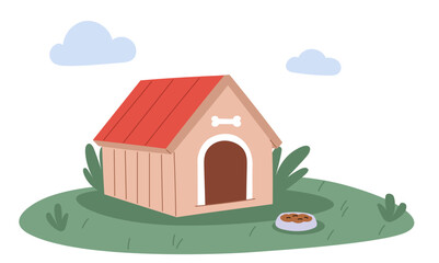 Beautiful wooden dog house. Food bowl on green lawn. Doggy kennel with feeder. Domestic animals home. Wooden hut for pet comfort. Empty backyard doghouse. Guard mammal cabin. Vector concept
