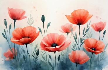 Naklejka premium Abstract watercolor painting of poppy flowers in coral and teal tones. Botanical wall decor art print. Floral background for design. Modern illustration perfect for spring and summer projects.