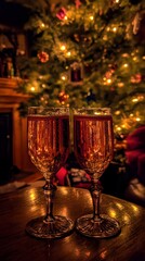 Two Champagne Flutes Christmas Tree Lights Festive Cheers