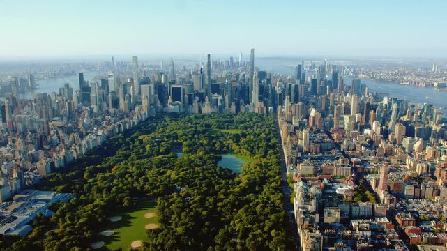 Beautiful Aerial Panoramic View Of New York City Focusing On The Upper Side of Manhattan And Central Park Area. High Quality Footage Shot From Helicopter.