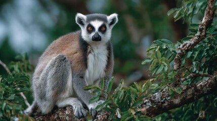 Fototapeta premium Ring-Tailed Lemur Sitting on a Branch in Madagascar, Representing Wildlife Conservation and Ecotourism : Generative AI