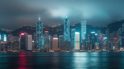 Obraz premium Night cityscape, Hong Kong skyline, illuminated skyscrapers, harbor reflection.