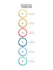 Infographic template featuring seven vertical, connected circles with a gradient outline from red to blue, resembling a timeline. Each circle contains a thin line icon and adjacent placeholder text.