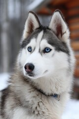 Obraz premium Majestic Siberian Husky With Piercing Blue Eyes in Winter, Evoking Loyalty and Pet Adoption : Generative AI
