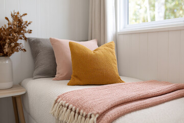 Fototapeta premium bright and cozy bedroom in tiny house featuring minimalist decor and soft natural light