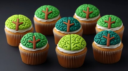 Zombie brain cupcakes with green frosting piped to resemble brains 