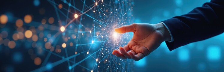 Businessman hand touches digital network. Connection concept, innovative technology. E-business, global trade, online platform, cyberspace, modern tech, data stream, ai, finance, future.