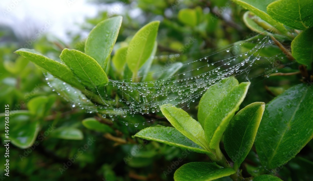 Aufkleber dew drops on spider web between green leaves, symbolizing nature's resilience and interconnectedness